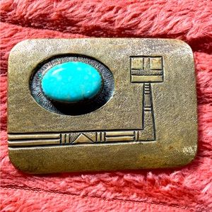 Vintage Roderick Tenorio RT Turquoise inlay Brass and SS metal Belt Buckle